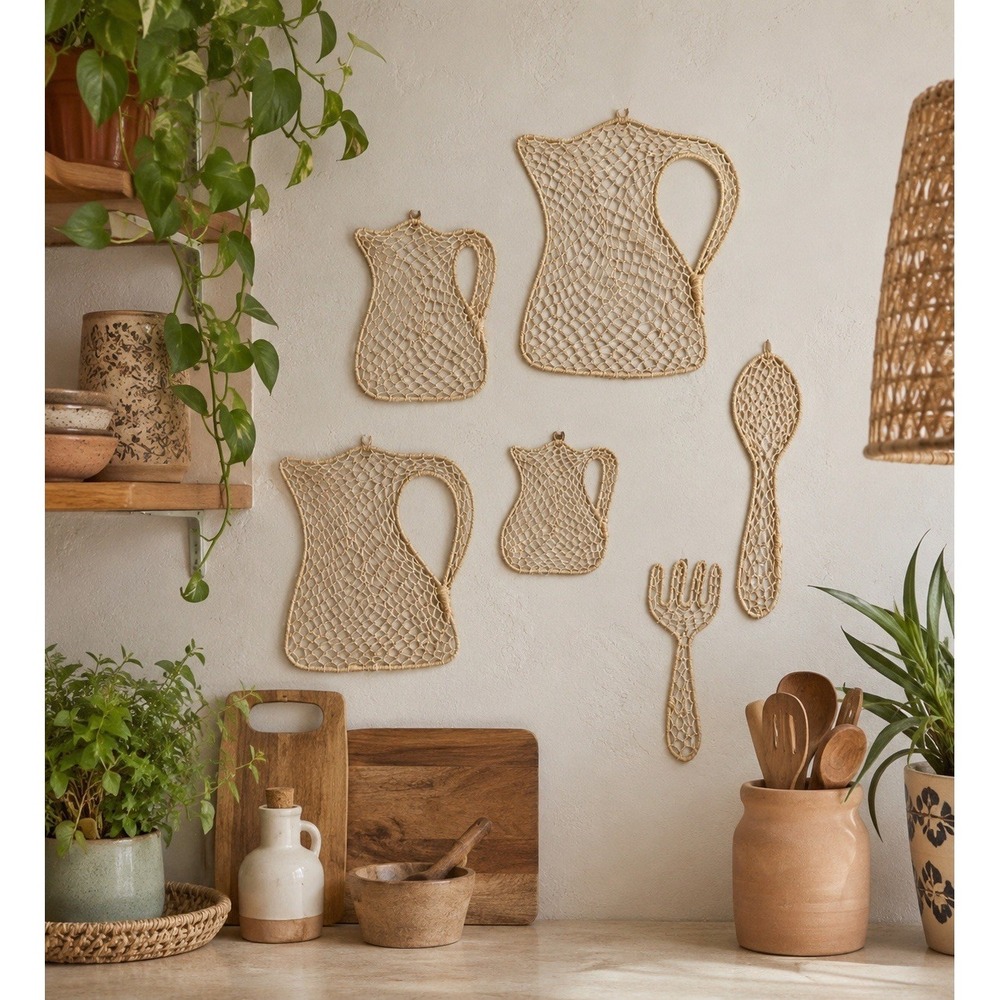 Vtg Handmade Raffia Wall Art Kitchen Decor Pitchers Spoon Fork Set of 6 Boho